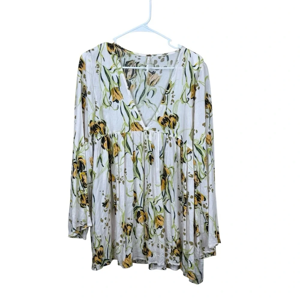 Free People Bella Print Floral Tunic Top V-Neck Bohemian Flowy Bell Sleeve Sz‎ S